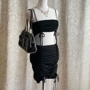 O. Vianca Black 2 pc Ruched Drawstring Crop Top (Sz M)‎ & Mini Skirt (Sz S) Set